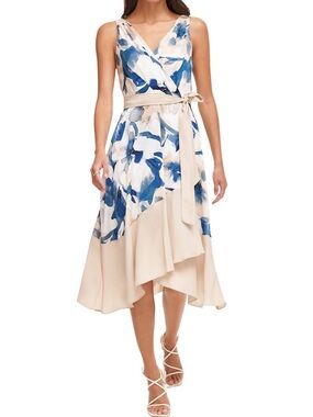 Floral Print Sleeveless Wrap Midi Dress in Cream and Blue